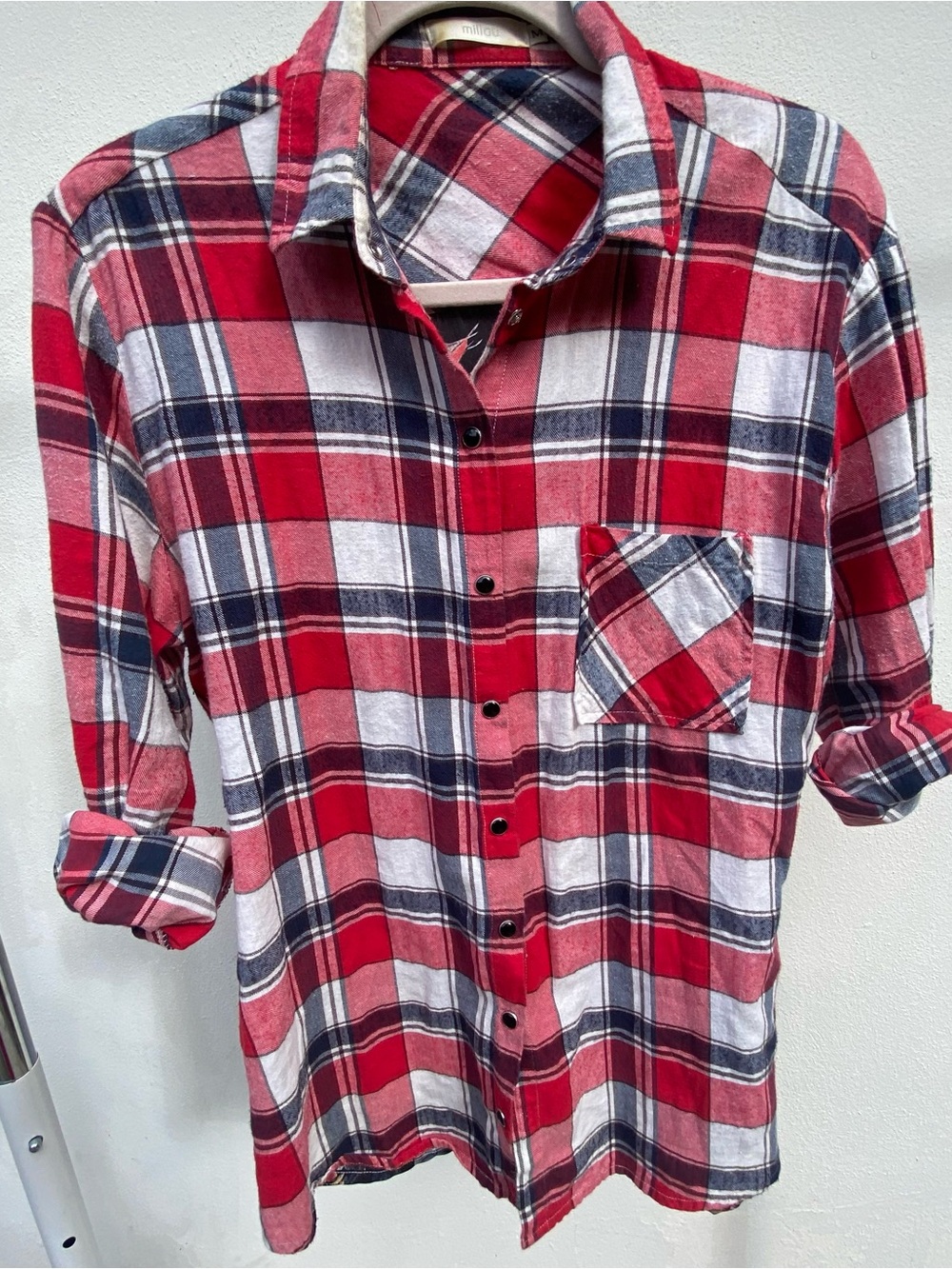 Boho Red White & Blue Plaid Dark Floral Mix Button Up Shirt Size Medium